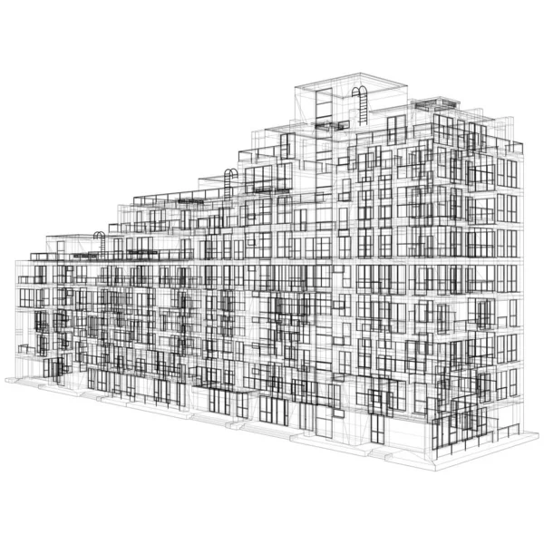 Modern Residential Building Vector Constructions Lines Illustration Isolated White Black — Stock Vector