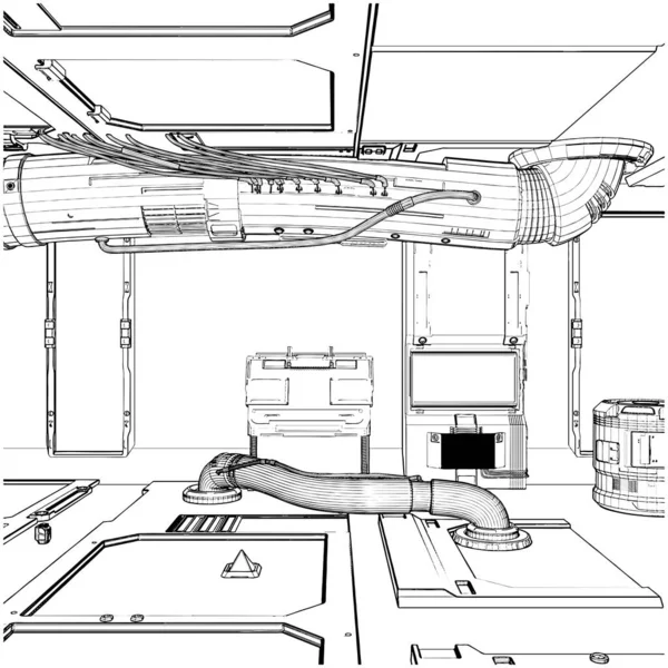 Hangar Satellite Interno Vettoriale Illustrazione Isolata Sfondo Bianco Nero Vettoriale — Vettoriale Stock