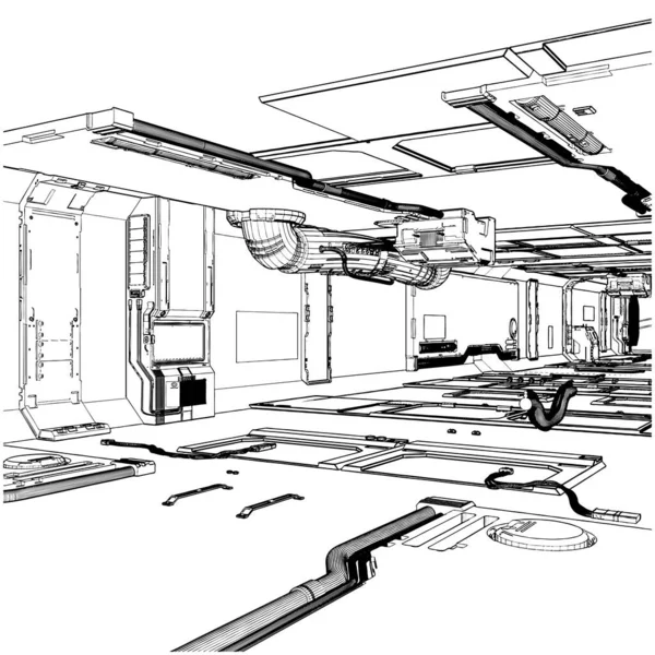 Hangar Satélite Vector Interior Ilustración Aislado Sobre Fondo Blanco Negro — Archivo Imágenes Vectoriales