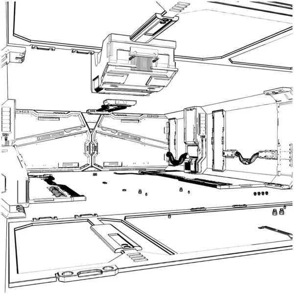Hangar Satelliet Binnenkant Vector Illustratie Geïsoleerd Wit Zwarte Achtergrond Een — Stockvector