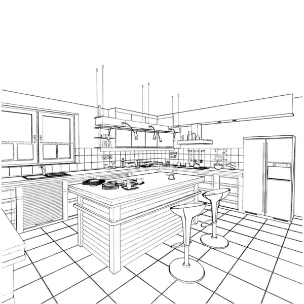 现代厨房内部病媒 白色背景的孤立说明 Kitchen的矢量图解 — 图库矢量图片