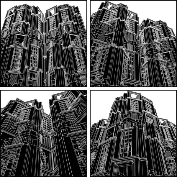 Streszczenie Art Deco Building Construction Structure Vector Ilustracja Izolowana Białym — Wektor stockowy
