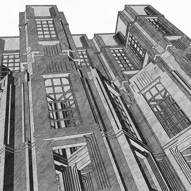 Soyut Sanat Deko İnşaat Yapısı. Beyaz Arkaplanda İzole Edilmiş Grafik Kalem Çizimi. Bir Gökdelen Çizimi.