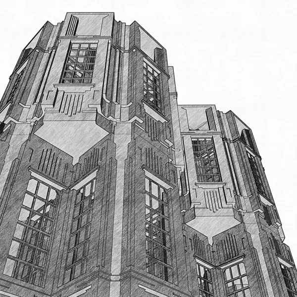 Abstract Art Deco Building Structure Графический Карандашный Рисунок Иллюстрация Изолированы — стоковое фото