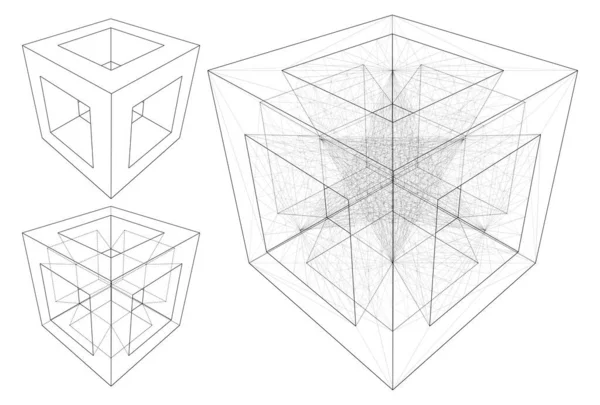 Boîte Six Pyramides Vecteur Soustraction Soustraction Cube Avec Des Pyramides — Image vectorielle
