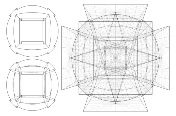 球と6つのピラミッドのサブトラクションベクトル 単純な形状から複雑な形状に 6つの側面にピラミッドと球面のサブトラクション — ストックベクタ