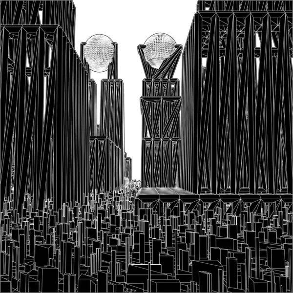 Structure Construction Abstraite Futuristic City Vector Megalopolis Ville Gratte Ciel — Image vectorielle