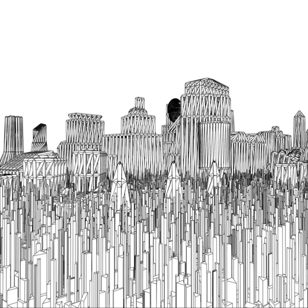 概要建設構造未来都市ベクトル 高層ビル群のメガロポリス都市景観図白を基調とした建築物のイラスト — ストックベクタ