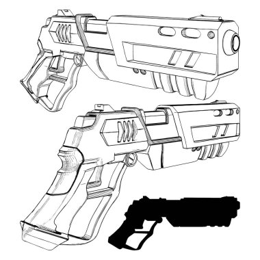 Gelecekçi Silah Vektörü. Beyaz arka planda izole edilmiş bir resim. Fütürist bir Tabancanın vektör çizimi.