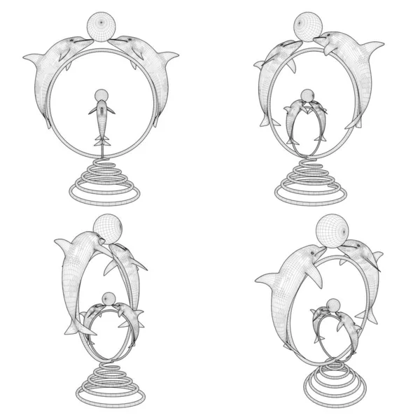 4つのイルカ像ベクトルをフープでボールと 白を基調としたイラスト イルカがフープでボールをプレイするベクトルイラスト — ストックベクタ