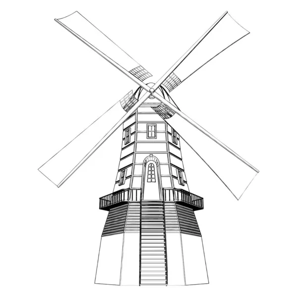 Starožitný Větrný Mlýn Ilustrace Izolovaná Bílém Pozadí Vektorová Ilustrace Starého — Stockový vektor