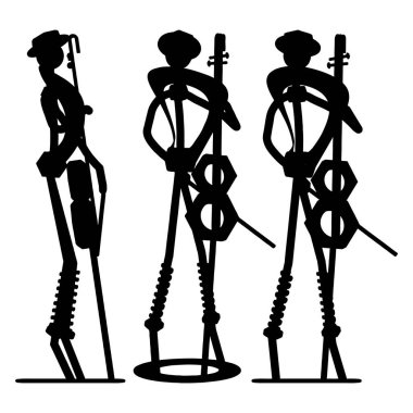 Kaçak Heykel Vektörü Adam. Beyaz arka planda izole edilmiş. Çift baslı bir müzisyenin metal heykelinin vektör görüntüsü..