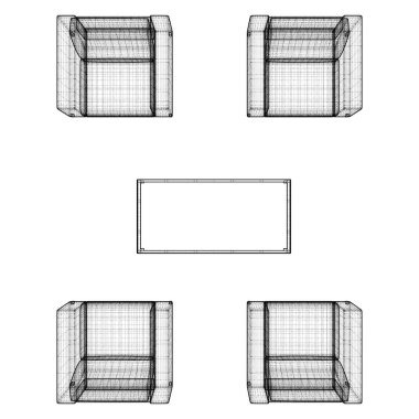 İçişleri Bakanlığı Koltuklar ve Masa. Beyaz arka planda izole edilmiş bir resim. Dört Kol Sandalyesi ve Bir Masa.