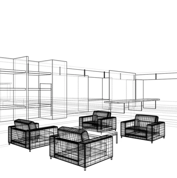 Kancelářská Sada Židlí Stolů Ilustrace Izolovaná Bílém Pozadí Ilustrace Čtyř — Stock fotografie