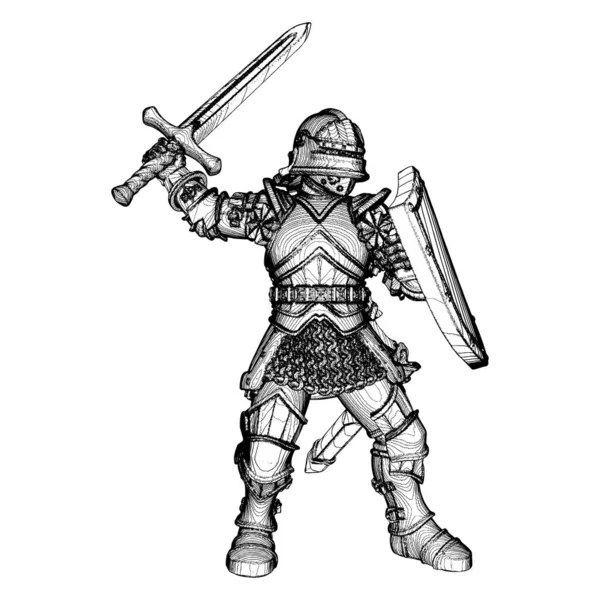 哥特式战斗骑士矢量 白色背景下的孤立说明 具有盔甲 剑和盾牌的骑士的矢量图解 — 图库矢量图片