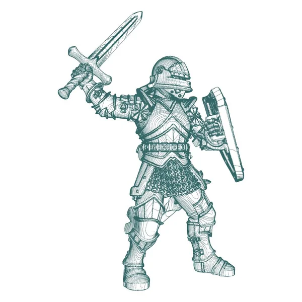 哥特式战斗骑士矢量 白色背景下的孤立说明 具有盔甲 剑和盾牌的骑士的矢量图解 — 图库矢量图片