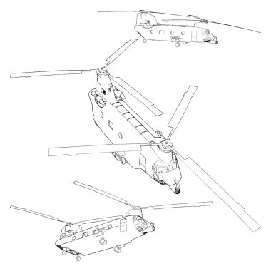 Askeri Helikopter Vektörü. Beyaz arka planda izole edilmiş bir resim. Askeri bir uçağın vektör çizimi.