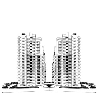 Gökdelen Konut Vektörü. Gökdelen Manzarası Görünümü Beyaz Arkaplanda İzole Edilmiş İnşaatın Görüntüsü. Multi Apartman Binası. Kavram - modern mimari ve tasarım.