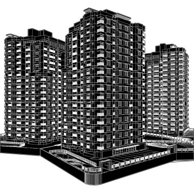 Gökdelen Konut Vektörü. Gökdelen Manzarası Görünümü Beyaz Arkaplanda İzole Edilmiş İnşaatın Görüntüsü. Multi Apartman Binası. Kavram - modern mimari ve tasarım.