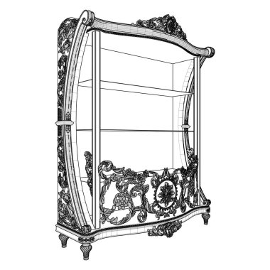 Klasik Showcase Dolap Yan Tahta Vektörü. Beyaz Arkaplanda İzole Edilmiş Cam Davasının Vektör İllüstrasyonu.