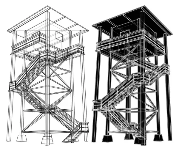 Tahta Gözcü Kulesi Vektörü. Yapı Yapısı Resimleri Beyaz Arkaplanda İzole Edildi.