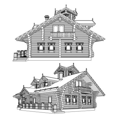 Kütük vektöründen yapılmış ahşap ev. Ahşap İnşaat Yapısı Resimleri Beyaz Arkaplanda İzole Edildi.