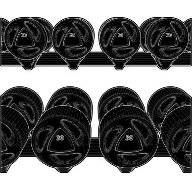 Dumbbell Rack Yatay Vektörü. Dambılların bembeyaz arka planda izole edilmesi.