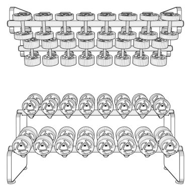 Dumbbell Rack Yatay Vektörü. Dambılların bembeyaz arka planda izole edilmesi.