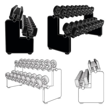 Dumbbell Rack Yatay Vektörü. Dambılların bembeyaz arka planda izole edilmesi.