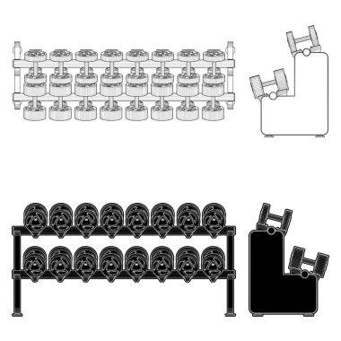 Dumbbell Rack Yatay Vektörü. Dambılların bembeyaz arka planda izole edilmesi.