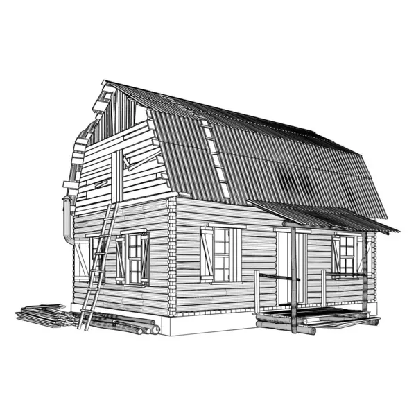 Eski Antik Ahşap Ev Vekili. Beyaz bir arka planda izole edilmiş antika eski bir konutun tasviri.