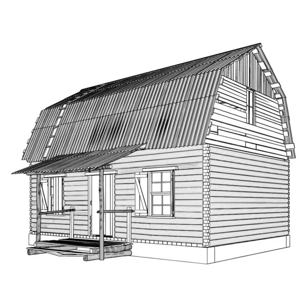 Eski Antik Ahşap Ev Vekili. Beyaz bir arka planda izole edilmiş antika eski bir konutun tasviri.