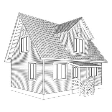 Eski Antik Ahşap Ev Vekili. Beyaz bir arka planda izole edilmiş antika eski bir konutun tasviri.