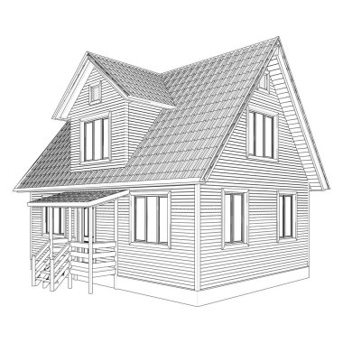 Eski Antik Ahşap Ev Vekili. Beyaz bir arka planda izole edilmiş antika eski bir konutun tasviri.