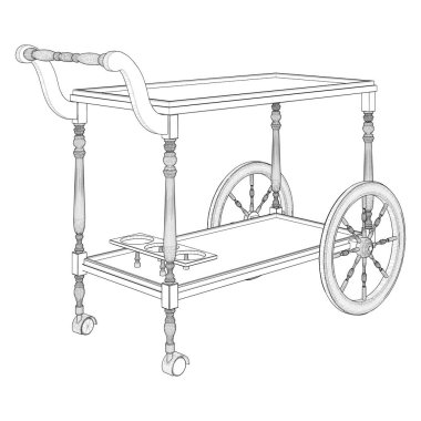 Servis Tahta Trolley Masa Vektörü. Araba Çizimi Beyaz Arkaplanda İzole Edildi.
