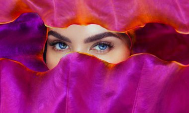 Genç bir kadının gözleri renkli tropikal yapraklarla çevrili. Tropikal yaprak arka planında Doğal Violet makyajlı kadın gözleri. Doğal kozmetik ve sağlık konsepti. Saflık ve cilt bakımı. Metin için boşluk