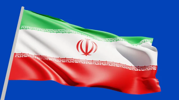 İran 'ın ulusal bayrağı krom anahtara karşı rüzgarda dalgalanıyor. Son derece detaylı 3D canlandırma.