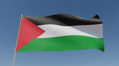 Filistin 'in ulusal bayrağı mavi gökyüzüne karşı rüzgarda dalgalanıyor. resimleme