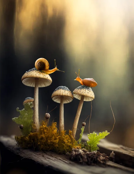 Little Snail Beautiful Mushroom Top Side Lighting Rechtenvrije Stockafbeeldingen