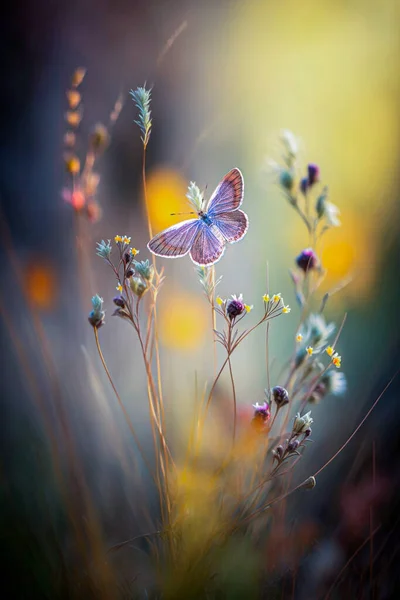 Καταπληκτικό Όμορφο Πολύχρωμο Φυσικό Τοπίο Λεβάντα Λουλούδια Και Δύο Πεταλούδες Φωτογραφία Αρχείου