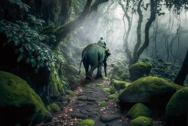 Elephant Herder Crossing Tropical Forest Rechtenvrije Stockafbeeldingen