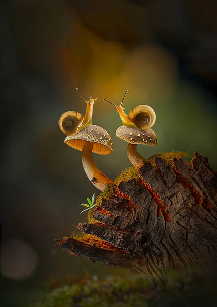 Two Little Snail Beautiful Mushroom Stockfoto