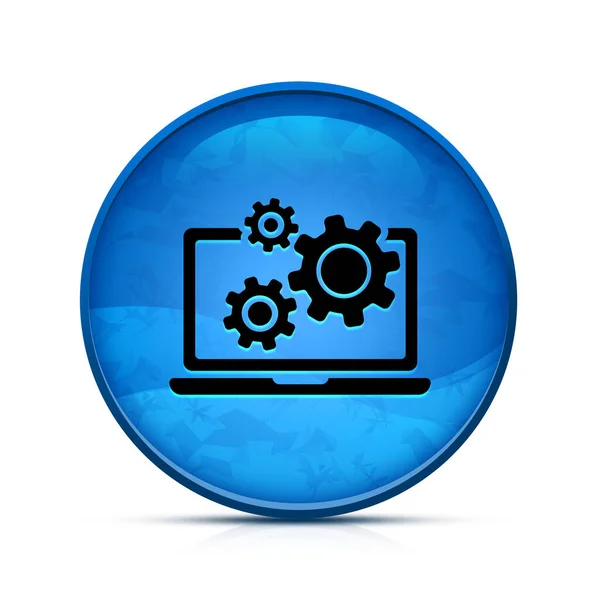 Laptop Und Schaltgetriebe Auf Edlem Blauen Runden Knopf — Stockfoto