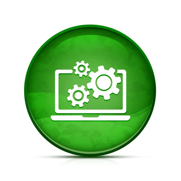 Icono Ordenador Portátil Engranajes Elegante Botón Redondo Verde Chapoteo —  Fotos de Stock
