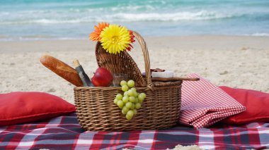 Plajda yaz pikniği. Yaz tatili rahatlama ve dinlenme konsepti. Kumsalda meyveli battaniye