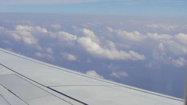 비행기 날개에 승객용 빛나는 날개를 비행기 창문을 내다보며 — 스톡 사진