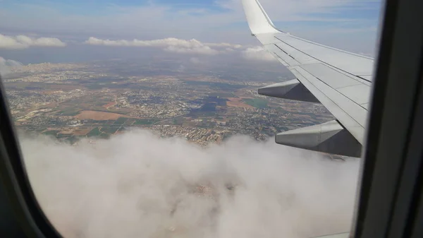 Ala Avión Volando Sobre Israel Vista Del Pasajero Mirando Por — Foto de Stock