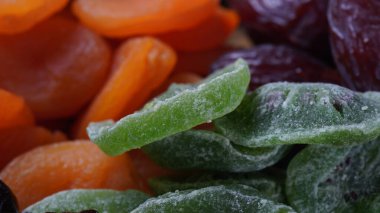 Dried apricots and assorted dry fruits: Dry plum, kiwi, raisins, nuts, pistachios. Tu BiShvat  a Jewish holiday concept