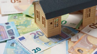 Ev sahibi olma kavramı. Arka plan olarak yeni ev ve Euro parası. Gayrimenkule yatırım yap