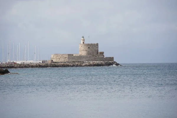 Forte São Nicolau Farol Mandaki Harbor Cidade Rodes Grécia — Fotografia de Stock